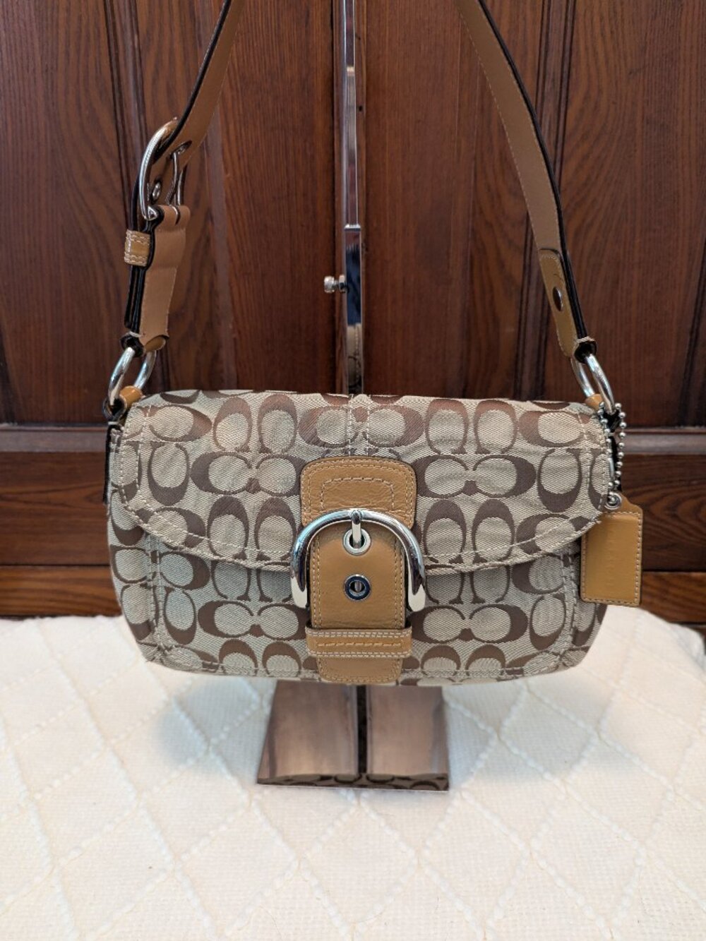 Coach F13113 Brown & Beige Signature Shoulder hobo Bag